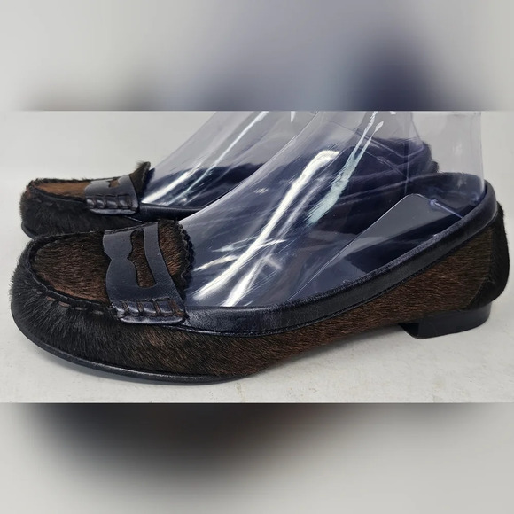 Cole Haan Women's Calf Hair Black Brown Slip On Penny Loafers Size 6 EUC *RARE* - Picture 1 of 12